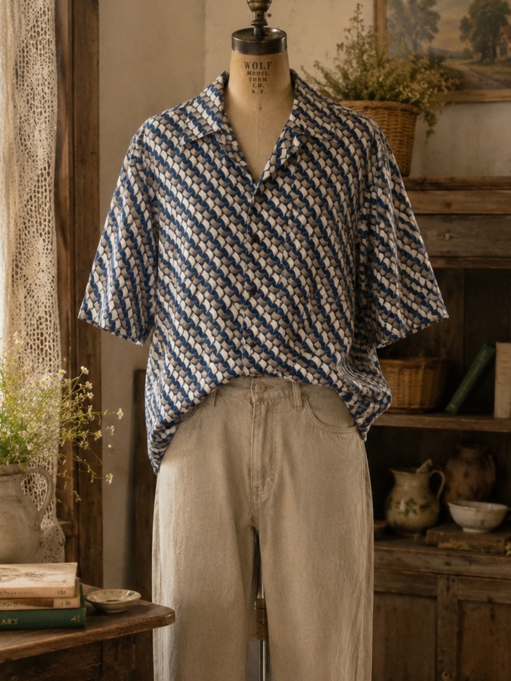 Vintage 1990s Bruno Geometric Silk Oversized Short Sleeve button down